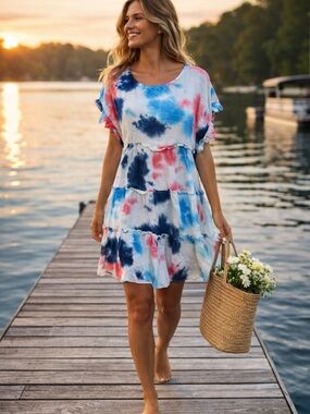 Solution, Tiered Babydoll Dress Boho Casual, Lined,Beach Americana,EUC, Size L